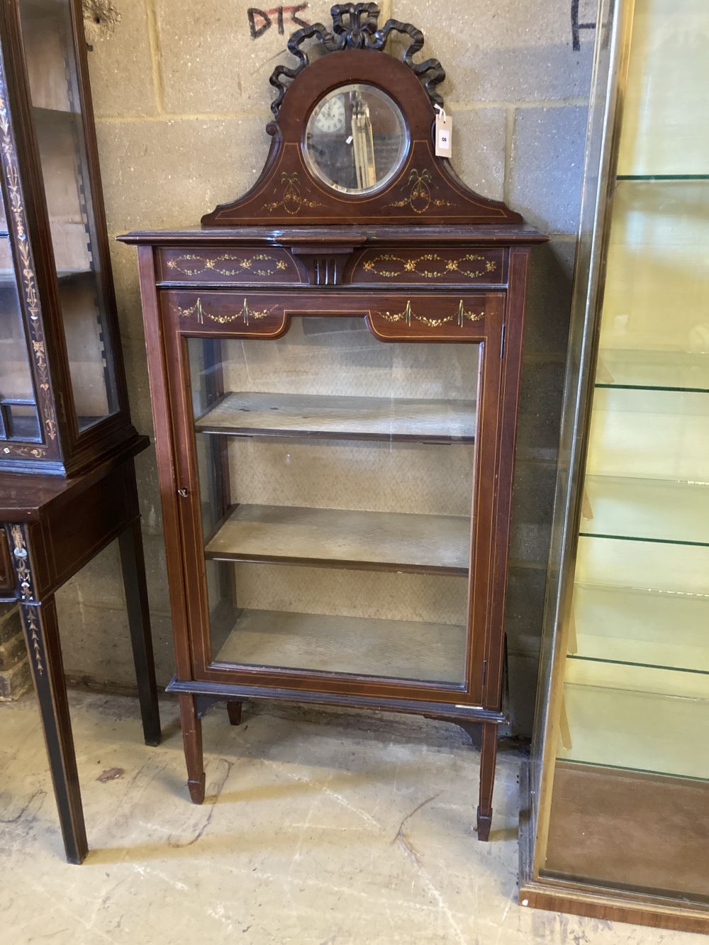 An Edwardian painted mahogany mirror back display cabinet, width 69cm, depth 33cm, height 152cm
